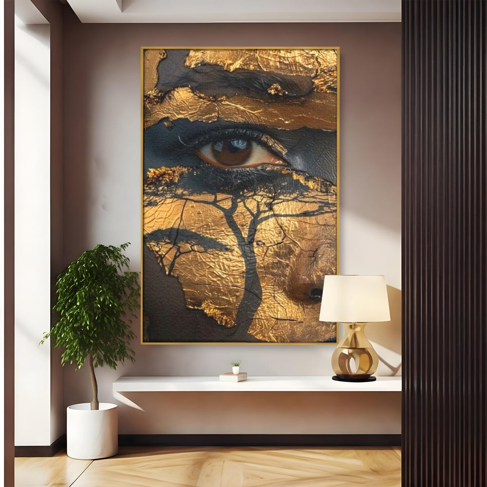 Tablou canvas cu tablou canvas cu ochi uman si arbore, in rama de aluminiu auriu